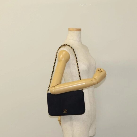 CHANEL Matelasse Chain Shoulder Bag Cotton Navy Gold CC Auth 133041 - Picture 1 of 16